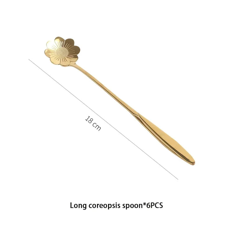 6pcs Gold Flower Stainless Steel Spoons