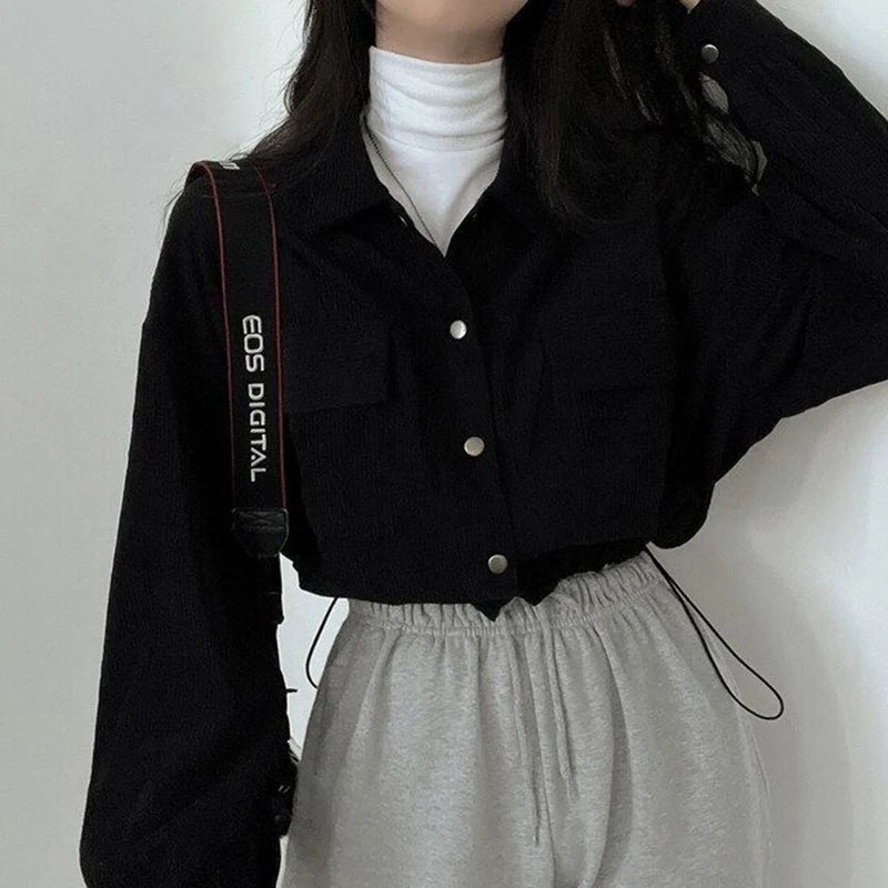 Rimocy Chic Pockets Long Sleeve Cropped Blouse