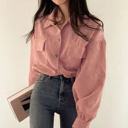 Rimocy Chic Pockets Long Sleeve Cropped Blouse