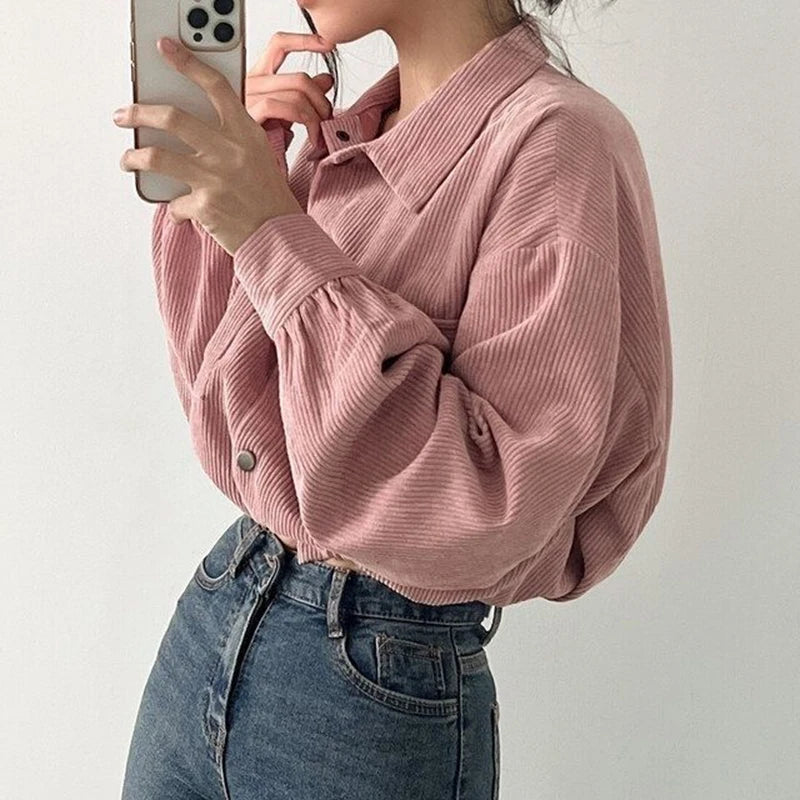 Rimocy Chic Pockets Long Sleeve Cropped Blouse