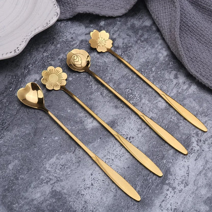 6pcs Gold Flower Stainless Steel Spoons