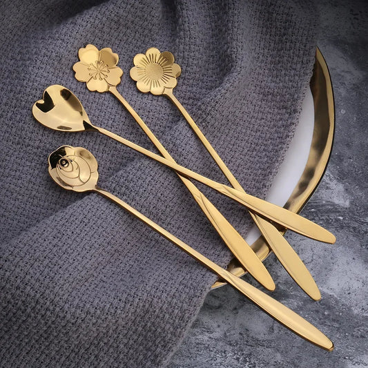 6pcs Gold Flower Stainless Steel Spoons